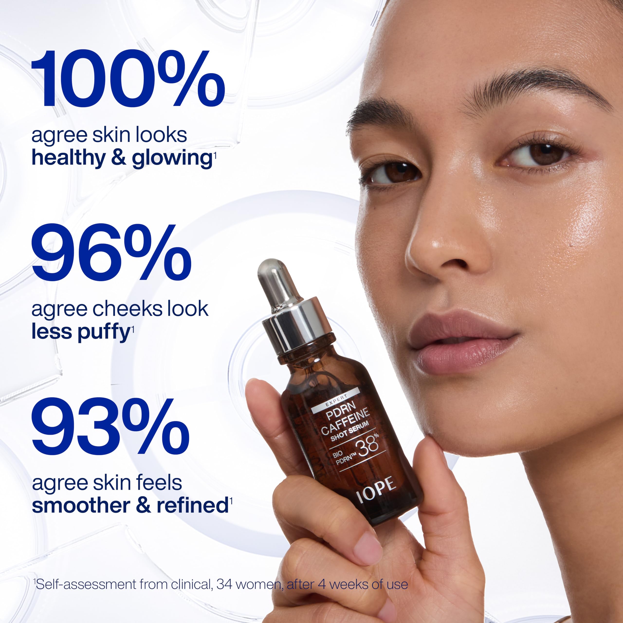 IOPE Bio-PDRN Caffeine Shot Serum drop on finger shows lightweight texture.