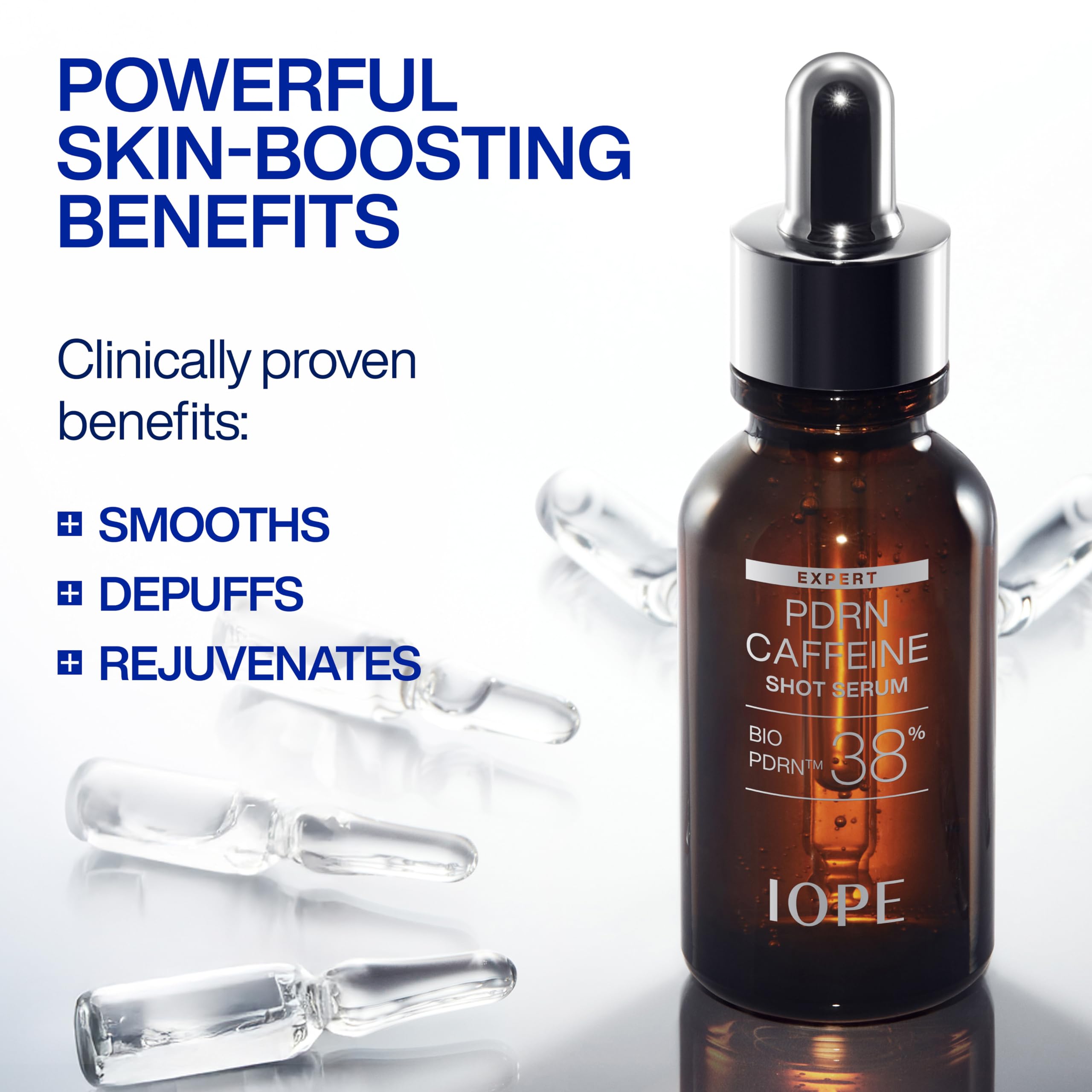 IOPE Bio-PDRN Caffeine Shot Serum texture close-up shows silky absorption.