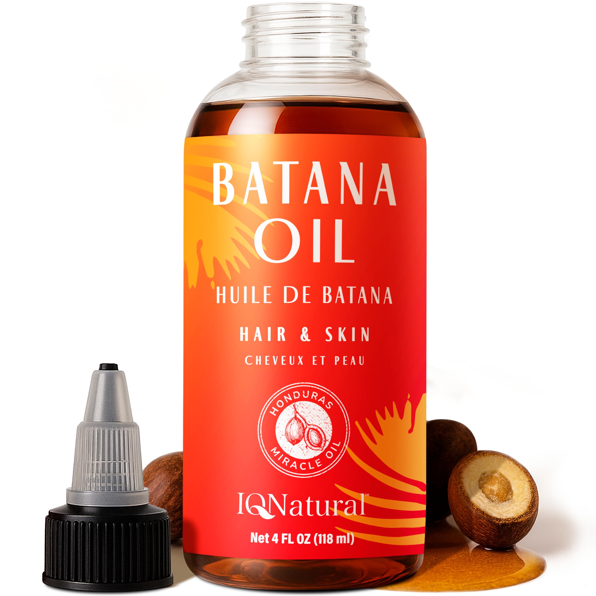 IQNATURAL Batana Oil en botella frontal, ideal para uso diario.