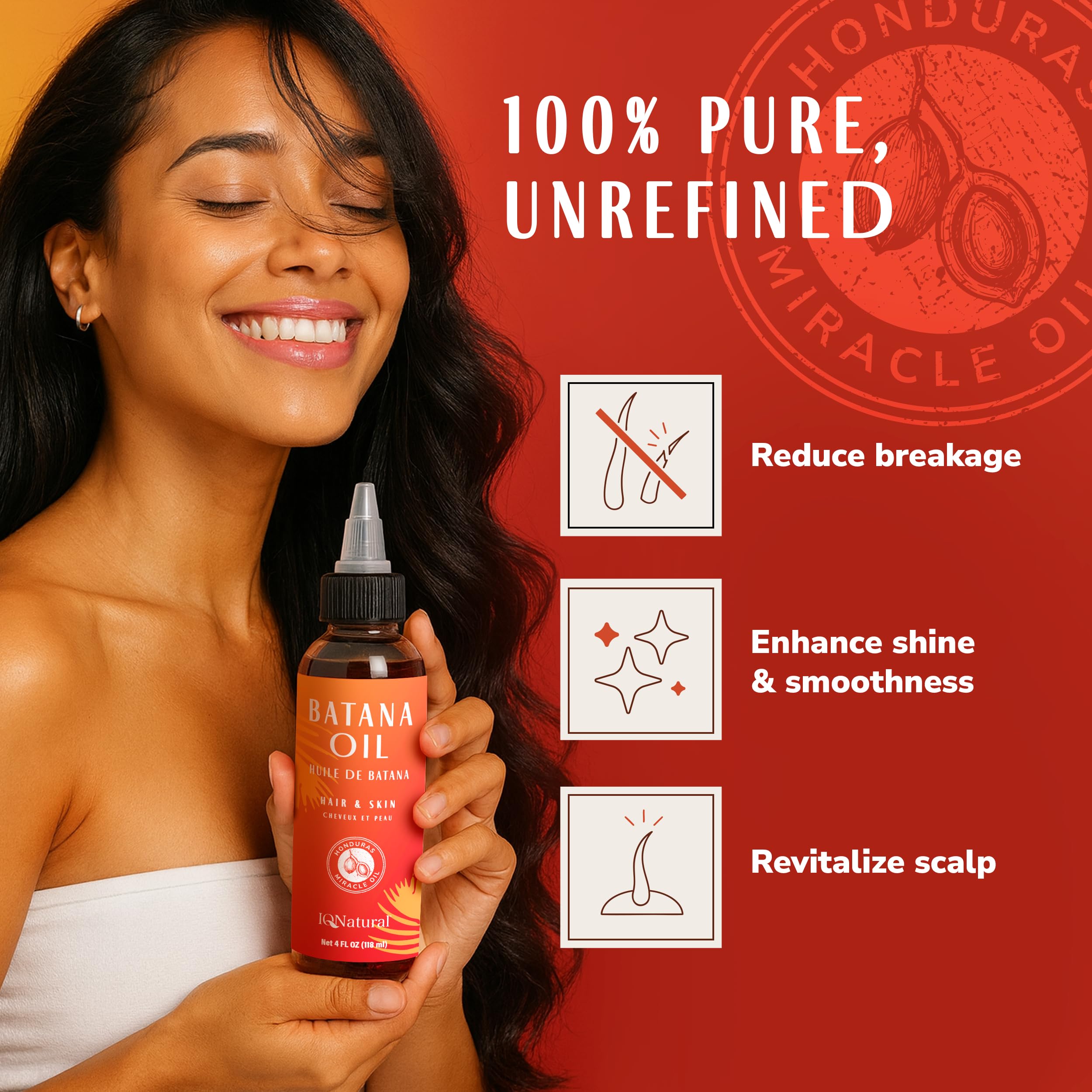 IQNATURAL Batana Oil, tapa de giro, aplicación precisa para cuero cabelludo.