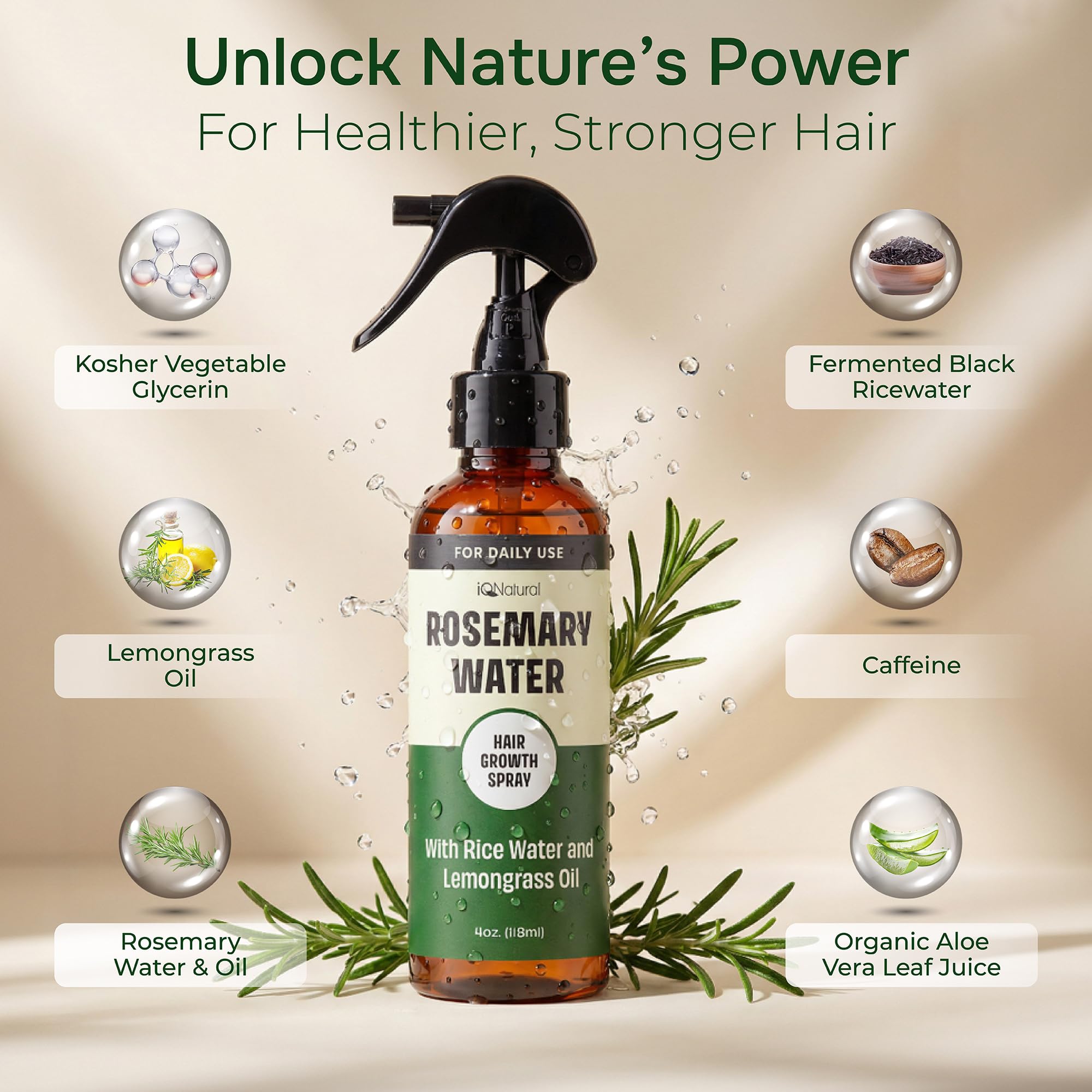 IQNATURAL romero agua spray cabello aplicacion manual para uso diario.
