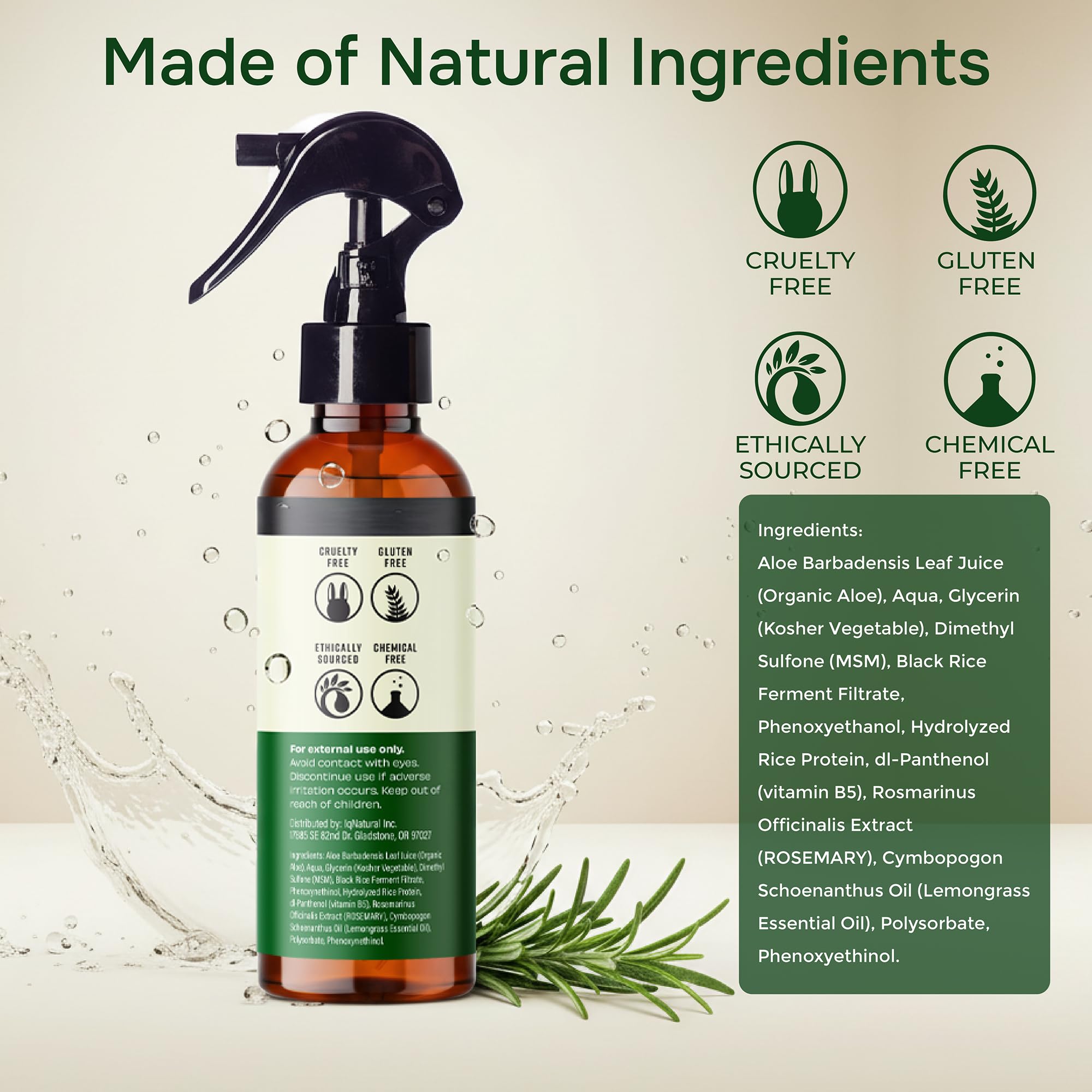 IQNATURAL romero agua spray ingredientes organicos certificados.