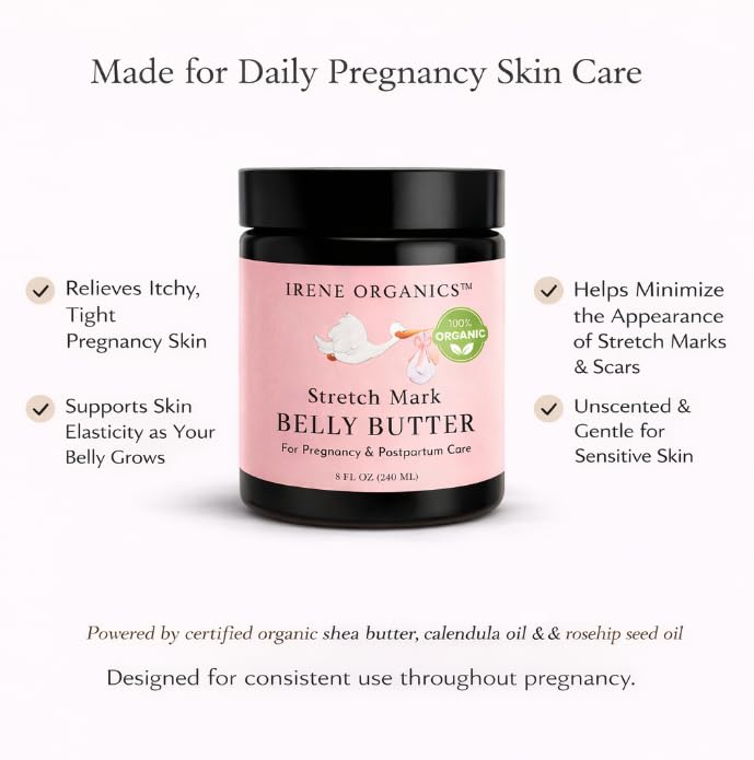 Irene Organics Belly Butter elasticity support for soft, nourished pregnancy skin