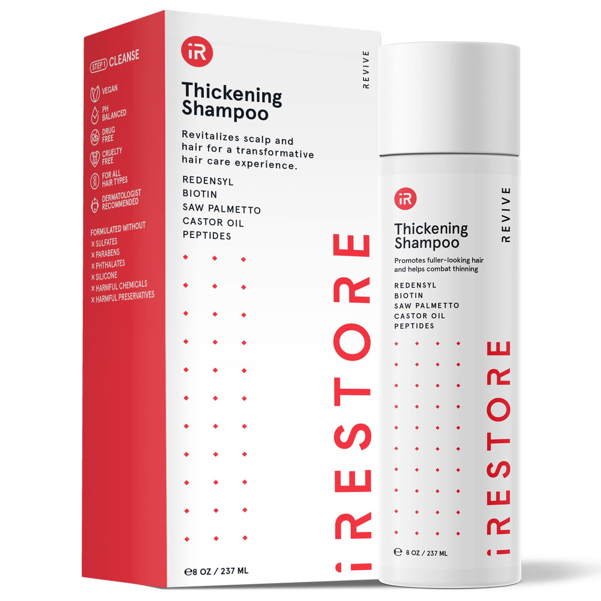 iRestore shampoo bottle front view for easy daily use and clear branding.