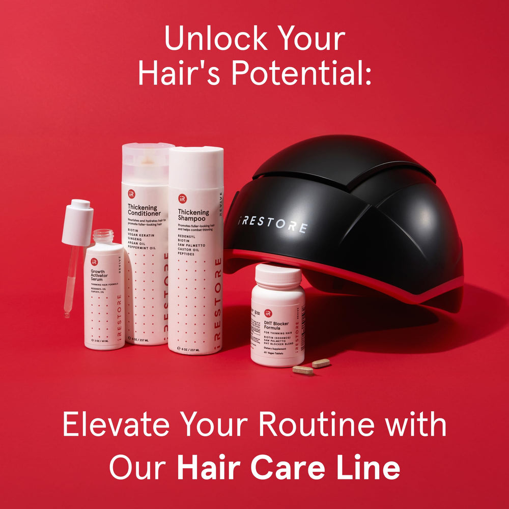 Full-head coverage demonstrated by iRestore Essential for broader light delivery.