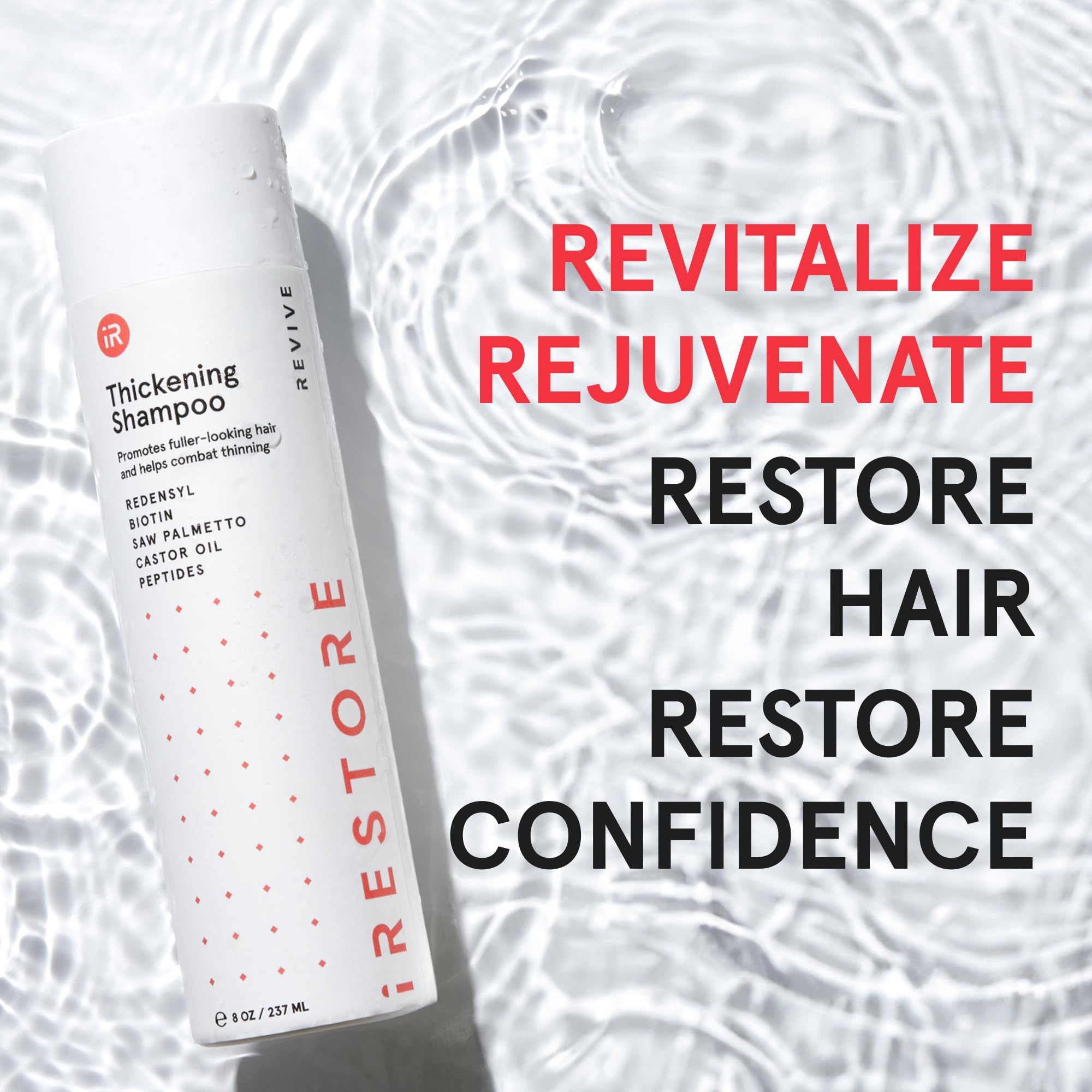 iRestore label shows Redensyl 1% and advanced formula for thinning hair support.