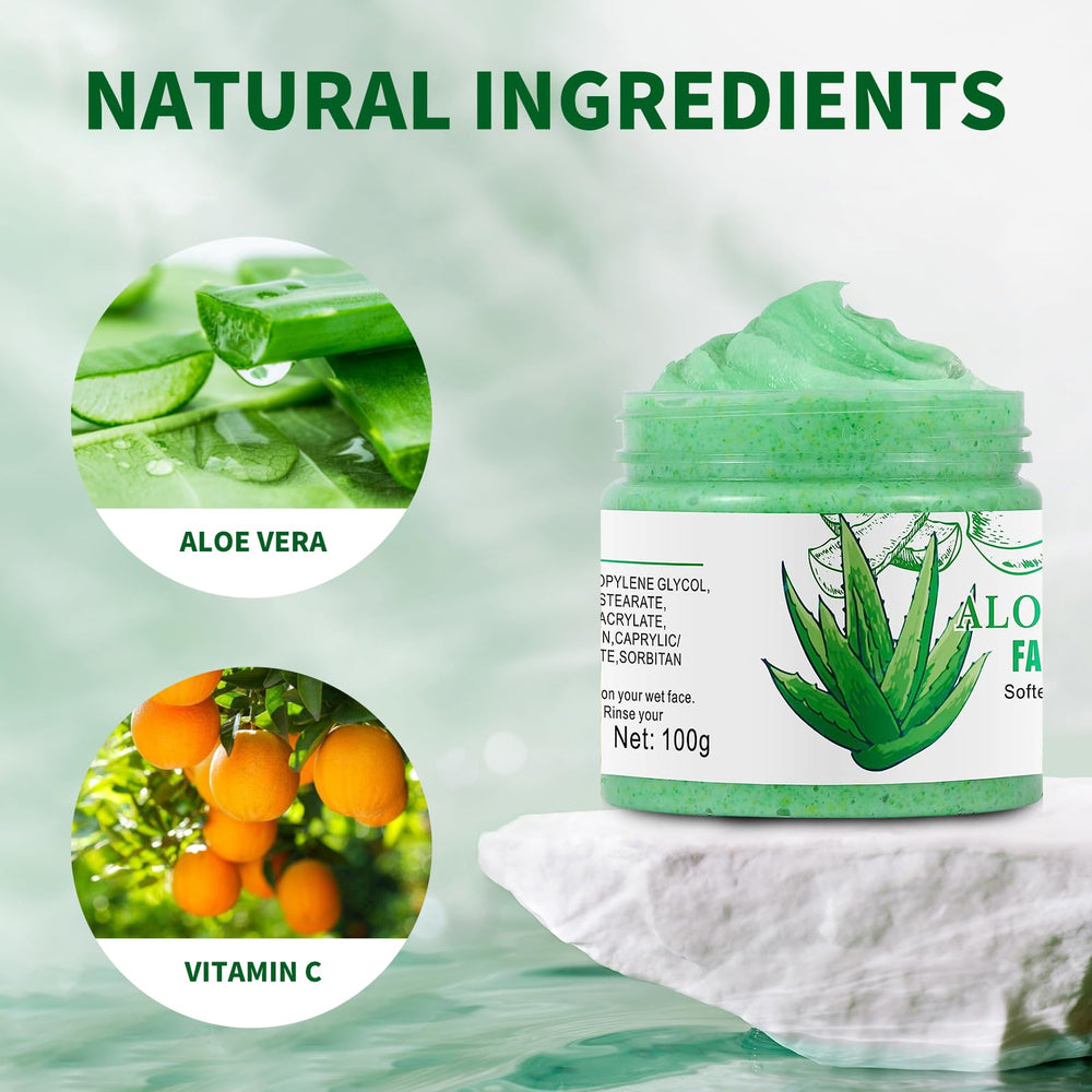 IREV Aloe Vera Facial Scrub closeup on skin shows hydrated, refreshed complexion