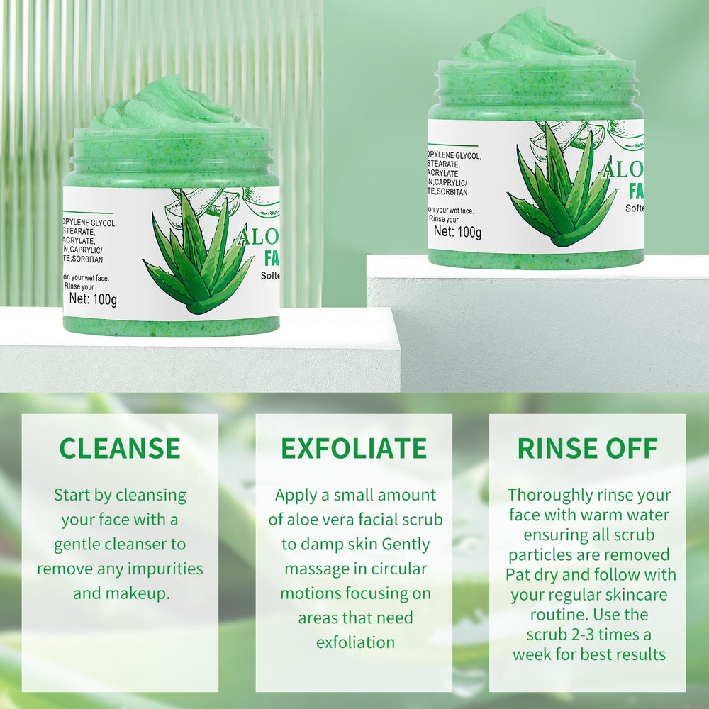 IREV Aloe Vera Facial Scrub packaging displays natural ingredients and gentle care