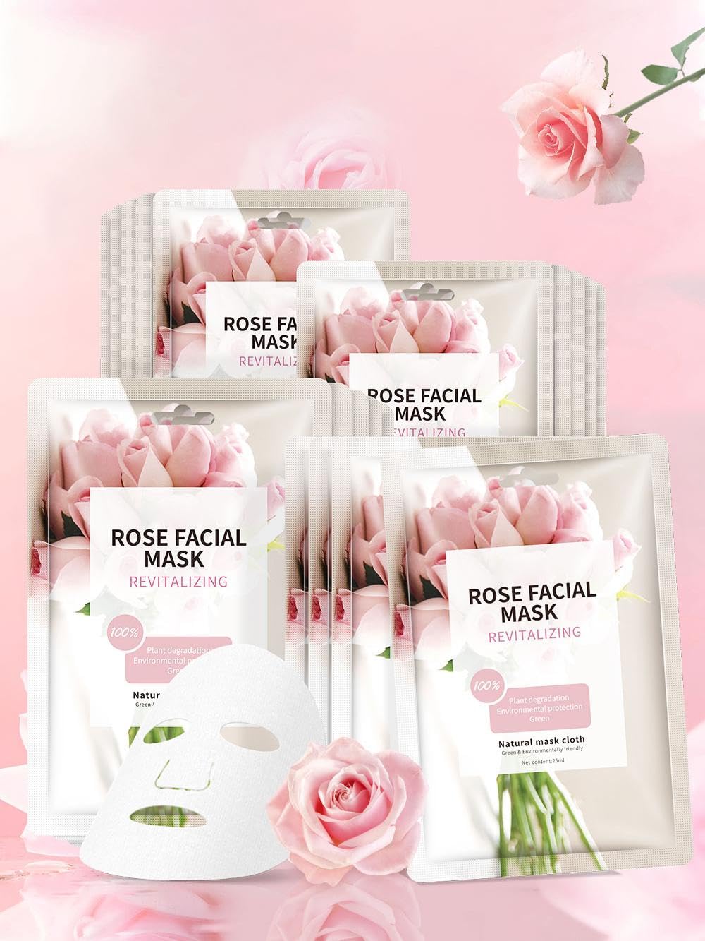IREV rose sheet mask pack closeup shows hydrating rose essence for radiant skin.