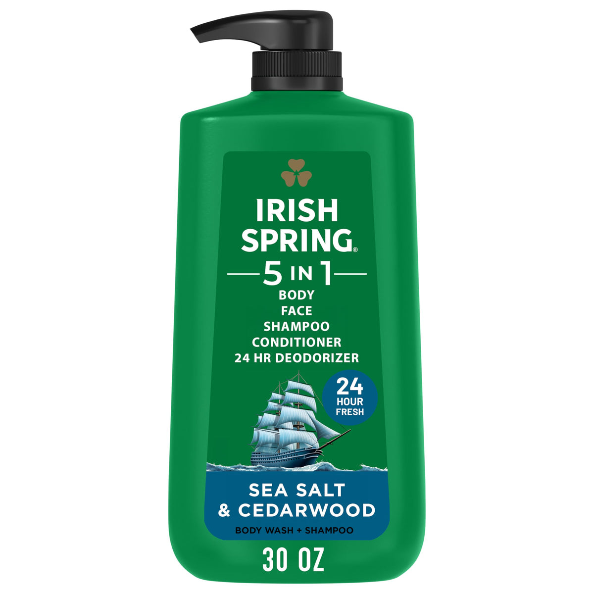 Irish Spring 5-in-1 bottle with sea salt cedarwood for daily all-day freshness.