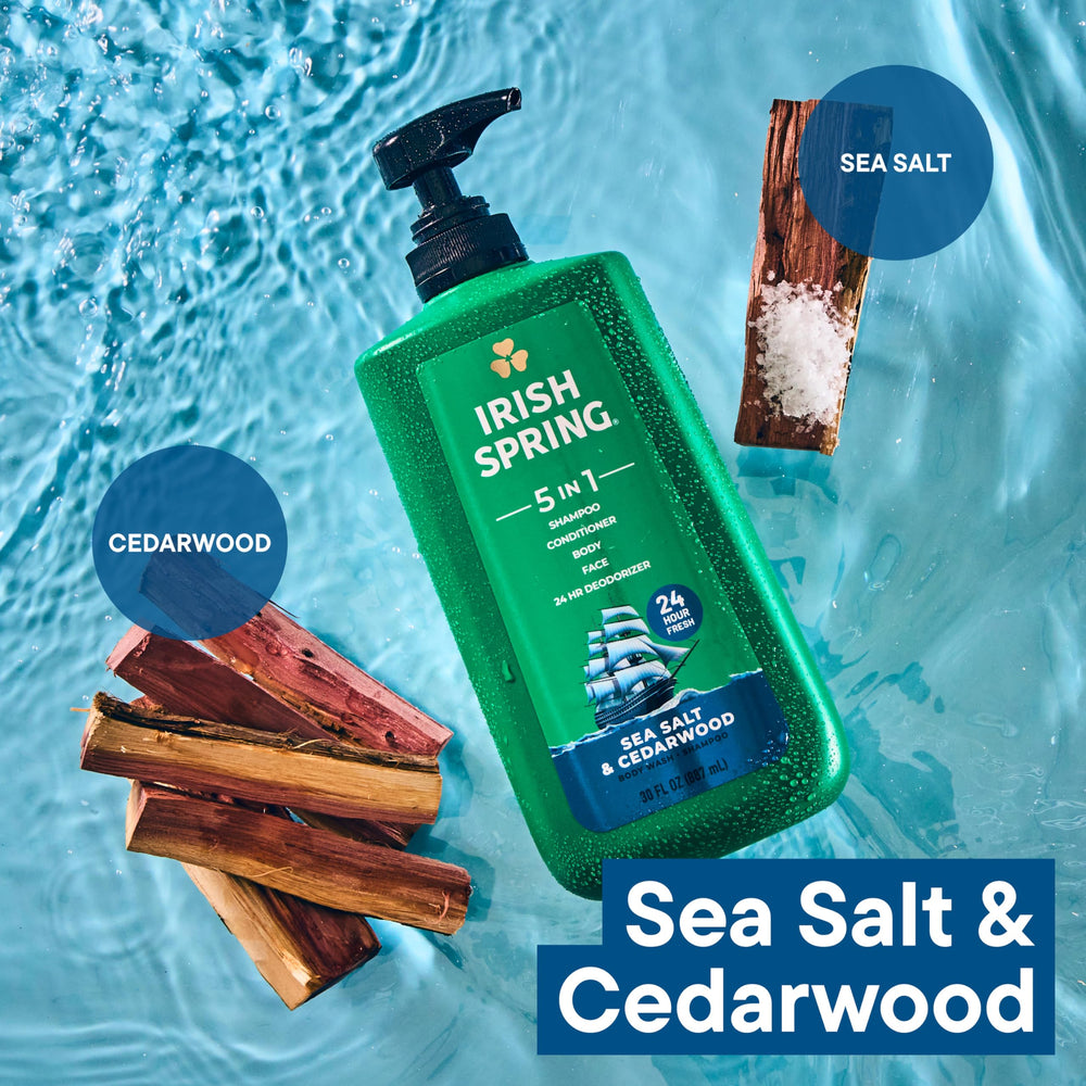 Irish Spring 5-in-1 closeup cedarwood shows rugged scent for outdoor vibes.
