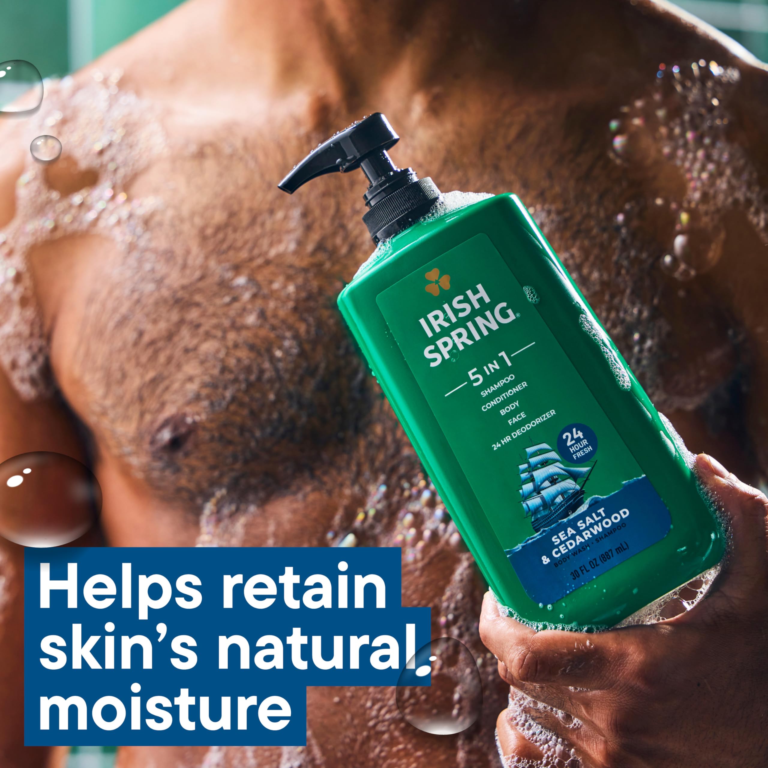 Irish Spring 5-in-1 refreshing shower scene conveys ease of use.