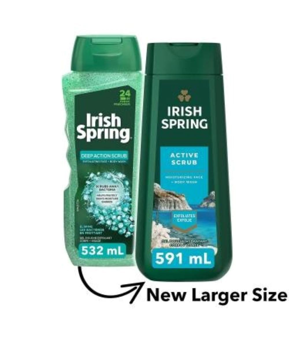 Irish Spring Active Scrub, fragancia de aire libre, sensación fresca todo el día.