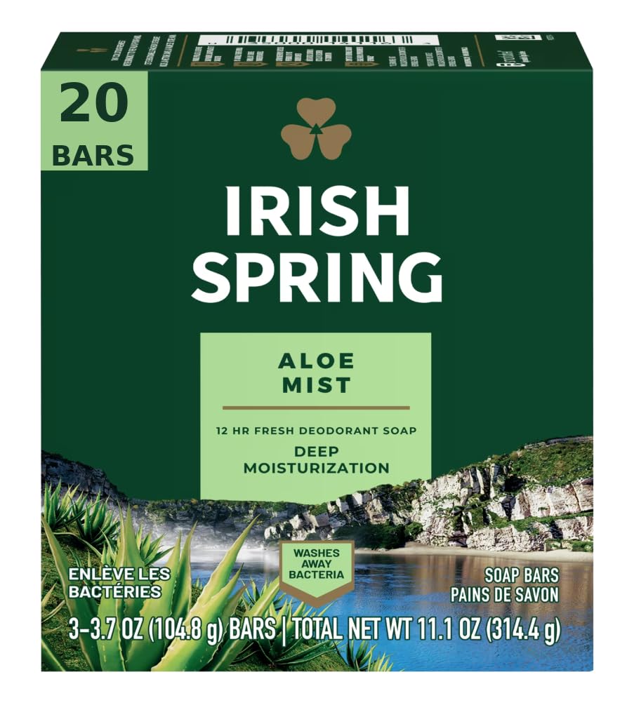Irish Spring Aloe bar soap in a 20-bar pack ready for daily use