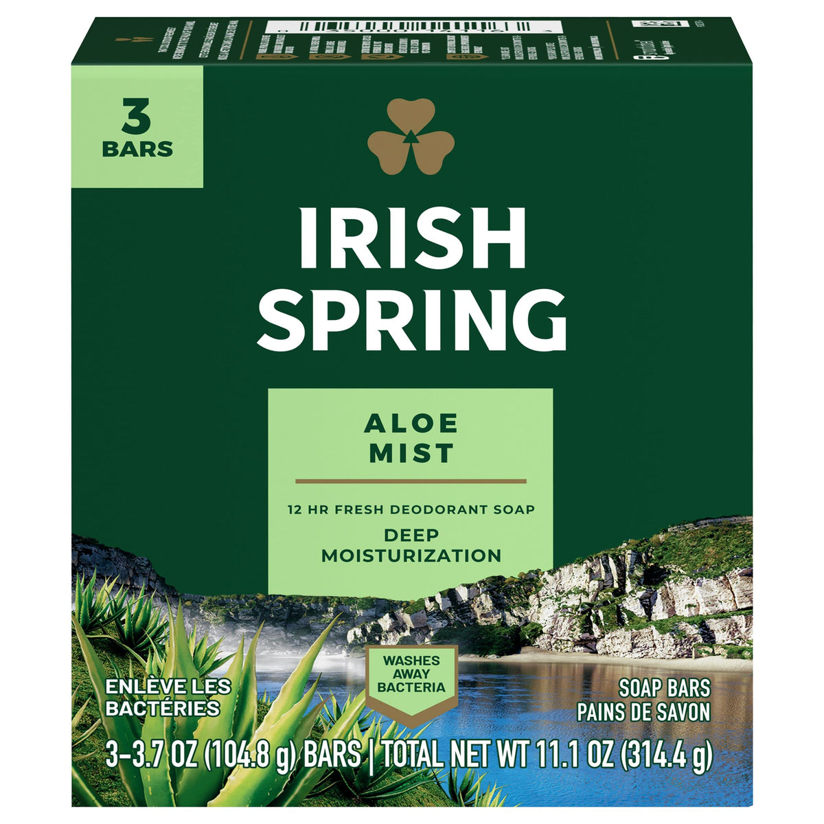 Irish Spring Aloe deodorant soap bar pack front shows three bars for daily freshness