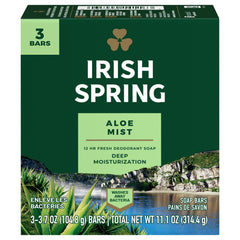 Irish Spring Aloe deodorant soap bar pack front shows three bars for daily freshness