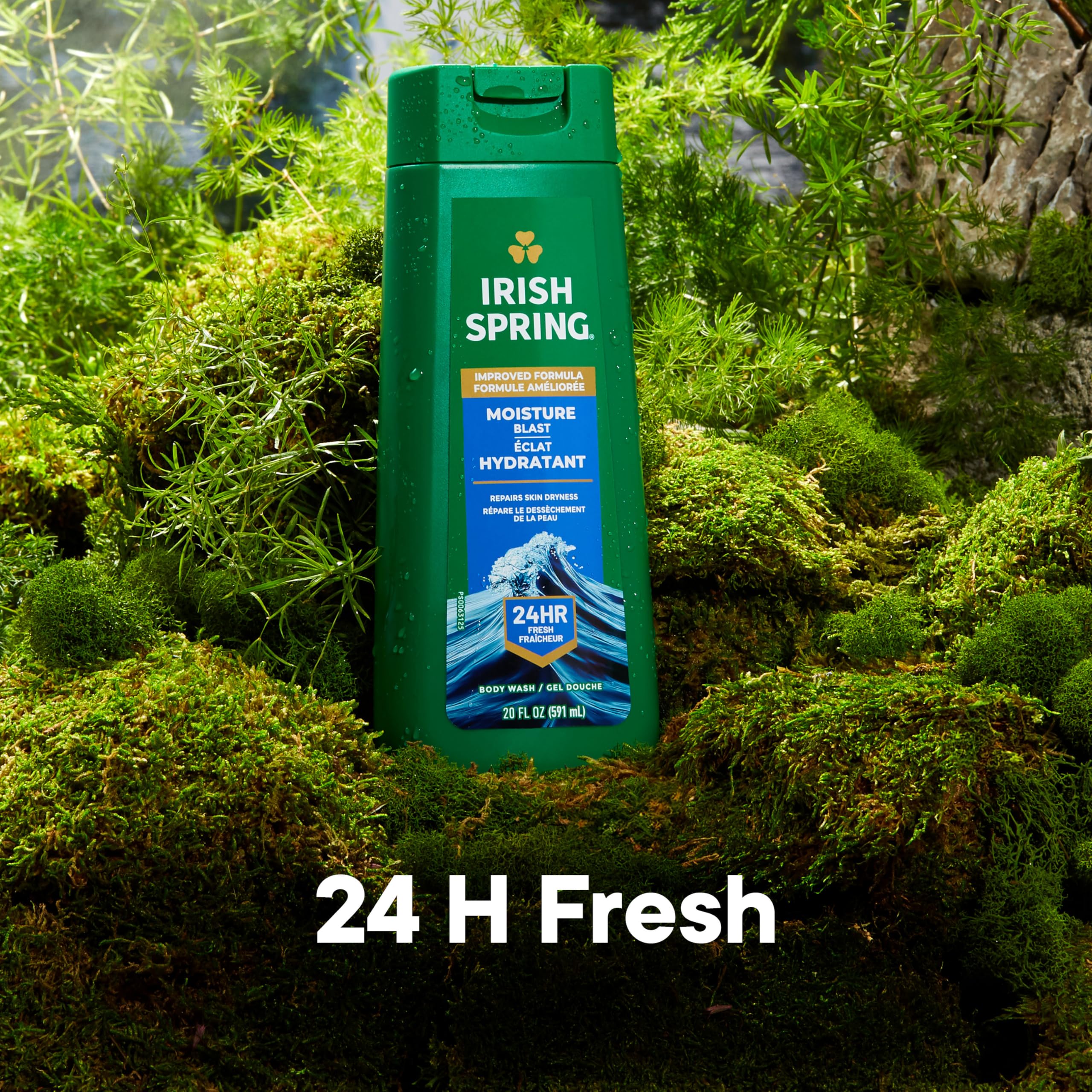 Irish Spring Moisture Blast: etiqueta frontal destaca aroma fresco para el día.