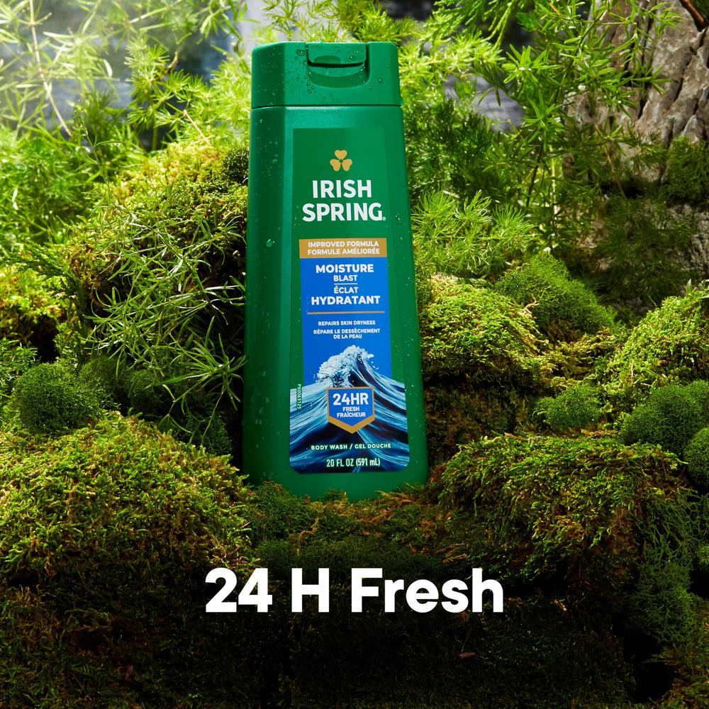 Irish Spring Moisture Blast: etiqueta frontal destaca aroma fresco para el día.