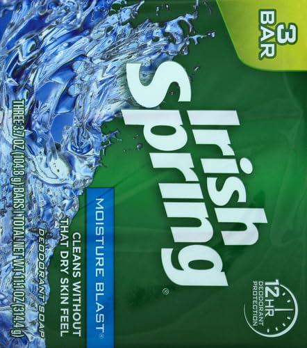 Irish Spring Moisture Blast triple-pack packaging shows three 3.7 oz bars.