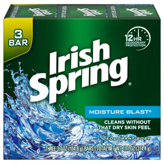 Irish Spring Moisture Blast soap bar in shower releasing a refreshing fragrance.