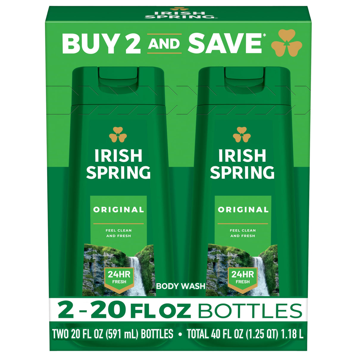 Irish Spring Original, botella doble en paquete, frescura diaria para rostro y cuerpo.