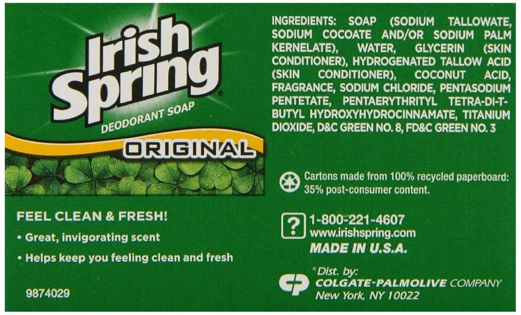 Irish Spring Original Scent bar pack closeup label, emphasizing 12-hour freshness.