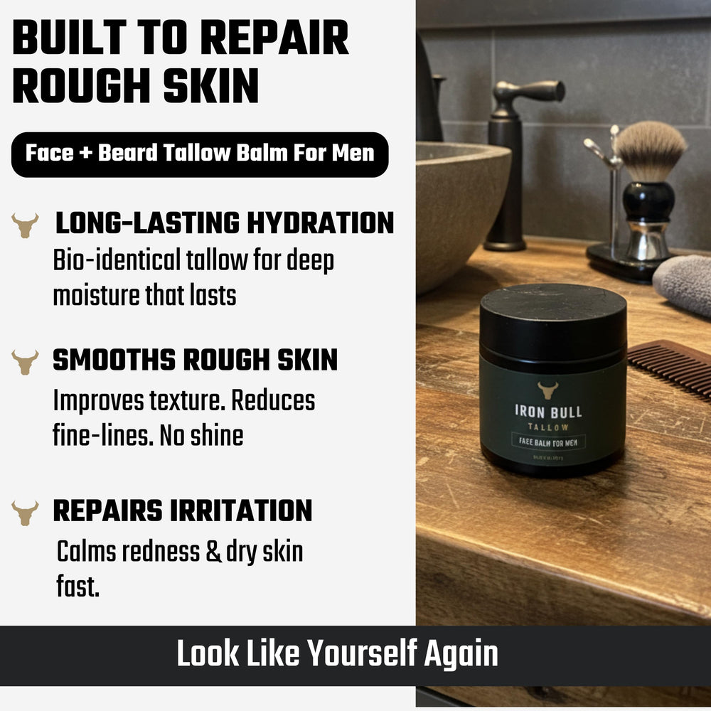 Iron Bull Tallow application scene shows simple morning skincare routine.