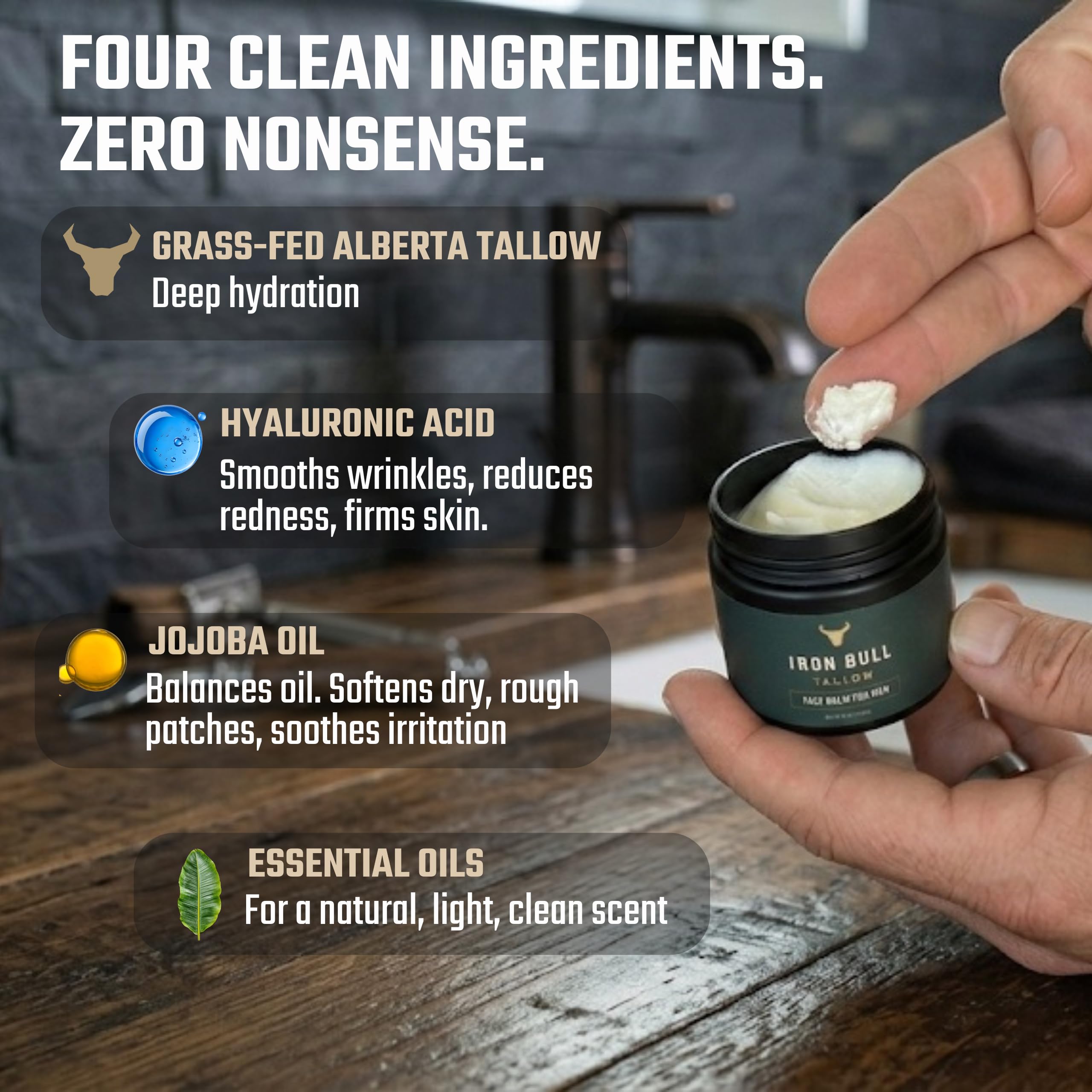 Iron Bull Tallow natural scent reveals sandalwood and citrus notes.
