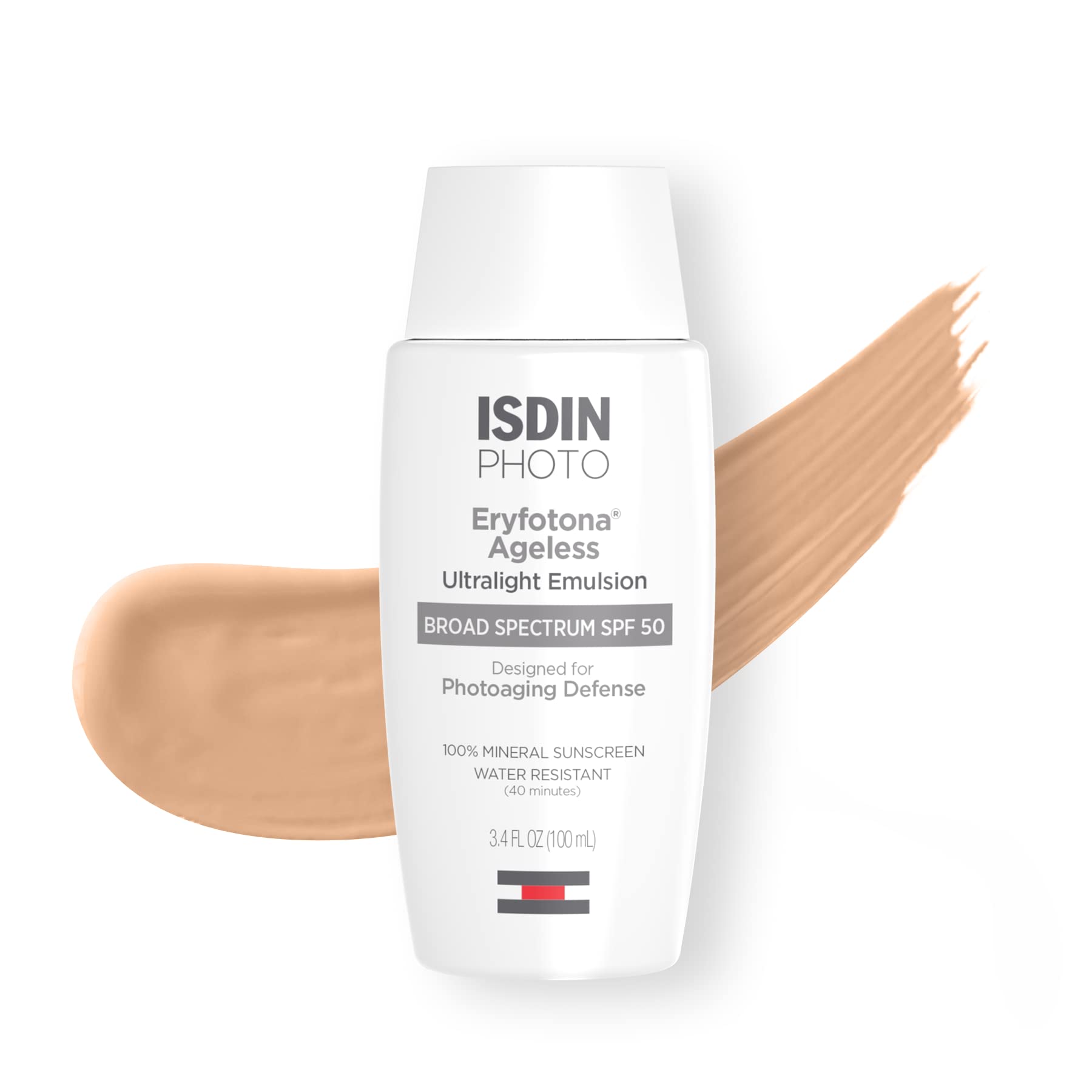 ISDIN Eryfotona Ageless SPF 50 bottle with mineral tint for even skin tone.