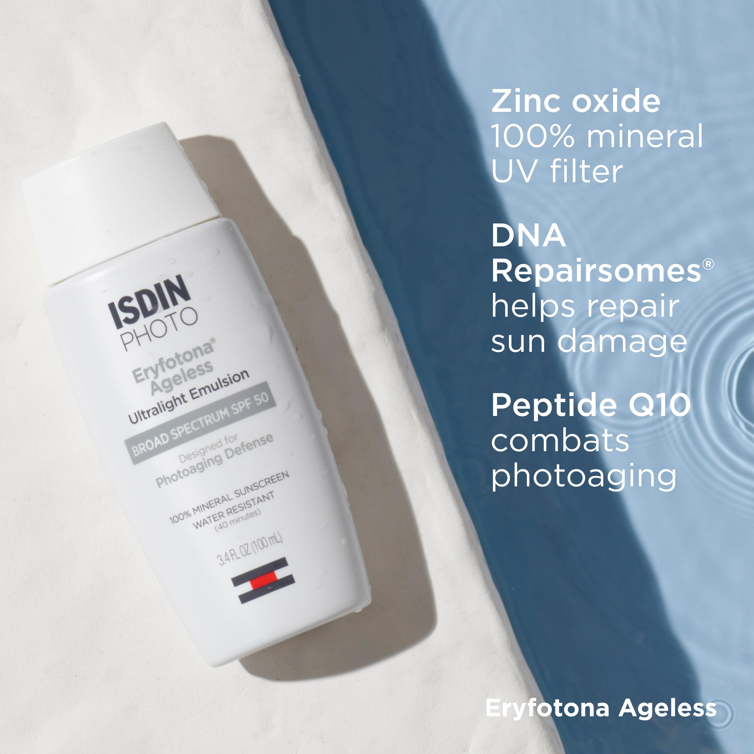 ISDIN logo on Eryfotona Ageless SPF 50 packaging.