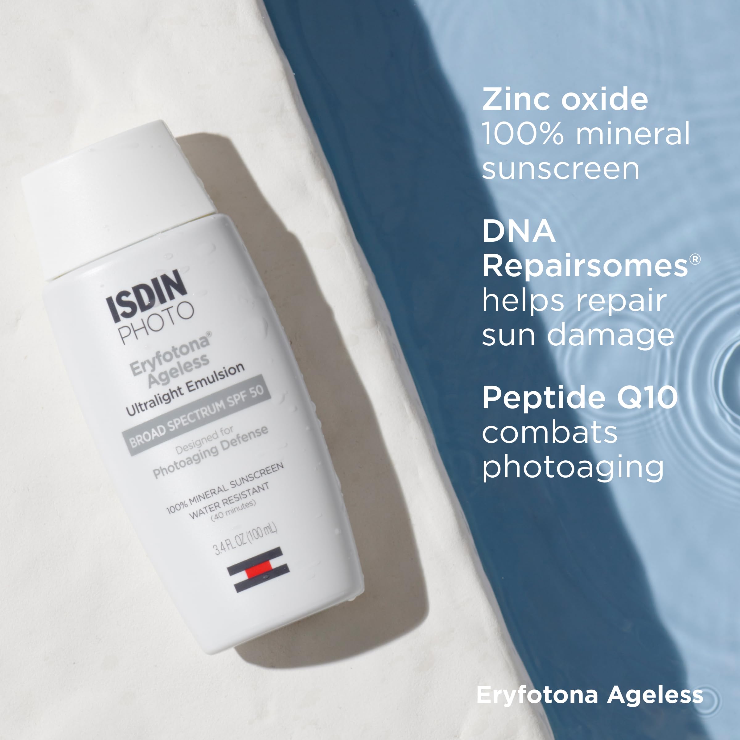 ISDIN Eryfotona Ageless SPF 50 travel-cap design for on-the-go use.