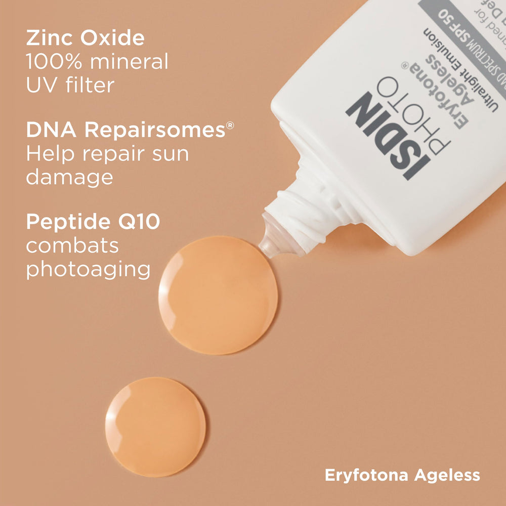 Water-resistant label on ISDIN Eryfotona Ageless sunscreen packaging