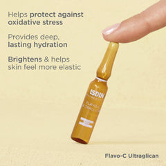 Array of ISDIN Flavo-C Ultraglican ampoules provides compact skincare solution.
