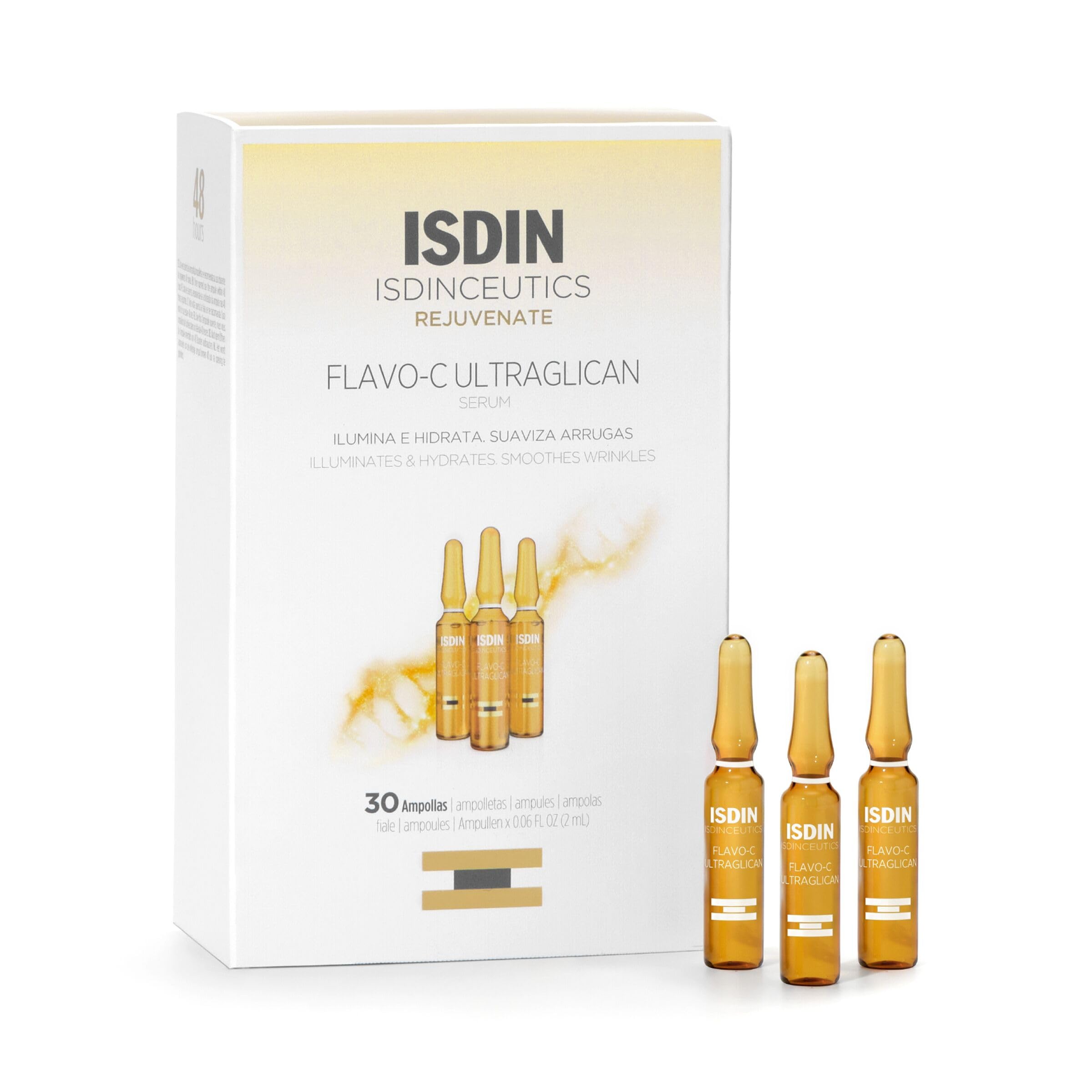 ISDIN Flavo-C Ultraglican packaging for travel ampoules, ready-to-use beauty routine.