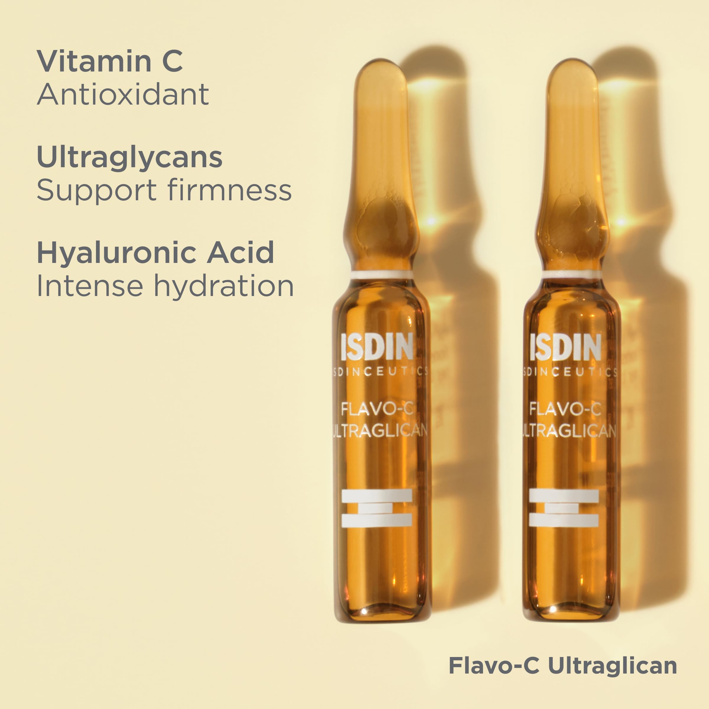 Dewy skin using ISDIN Flavo-C Ultraglican for improved elasticity.