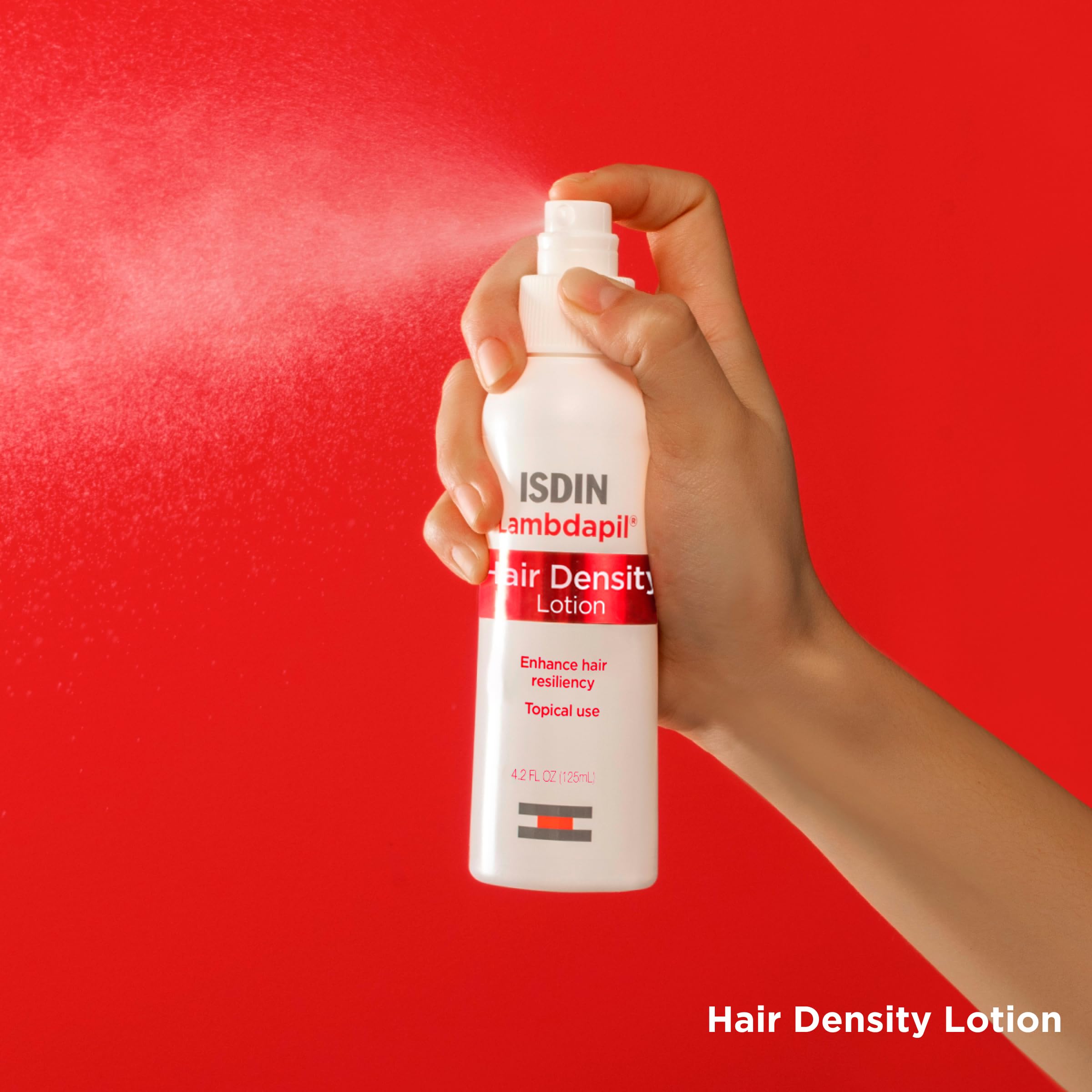 ISDIN Lambdapil bottle back label with usage guidance for thinning hair.