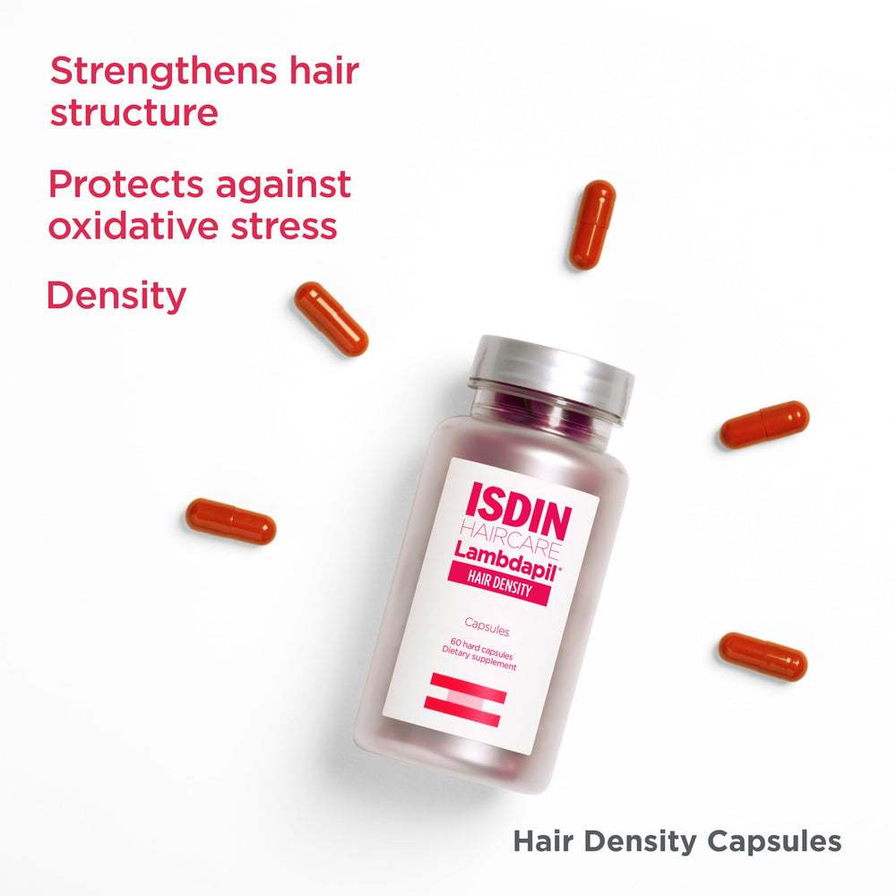 ISDIN Lambdapil ingredients graphic featuring taurine, zinc, and biotin for hair health.