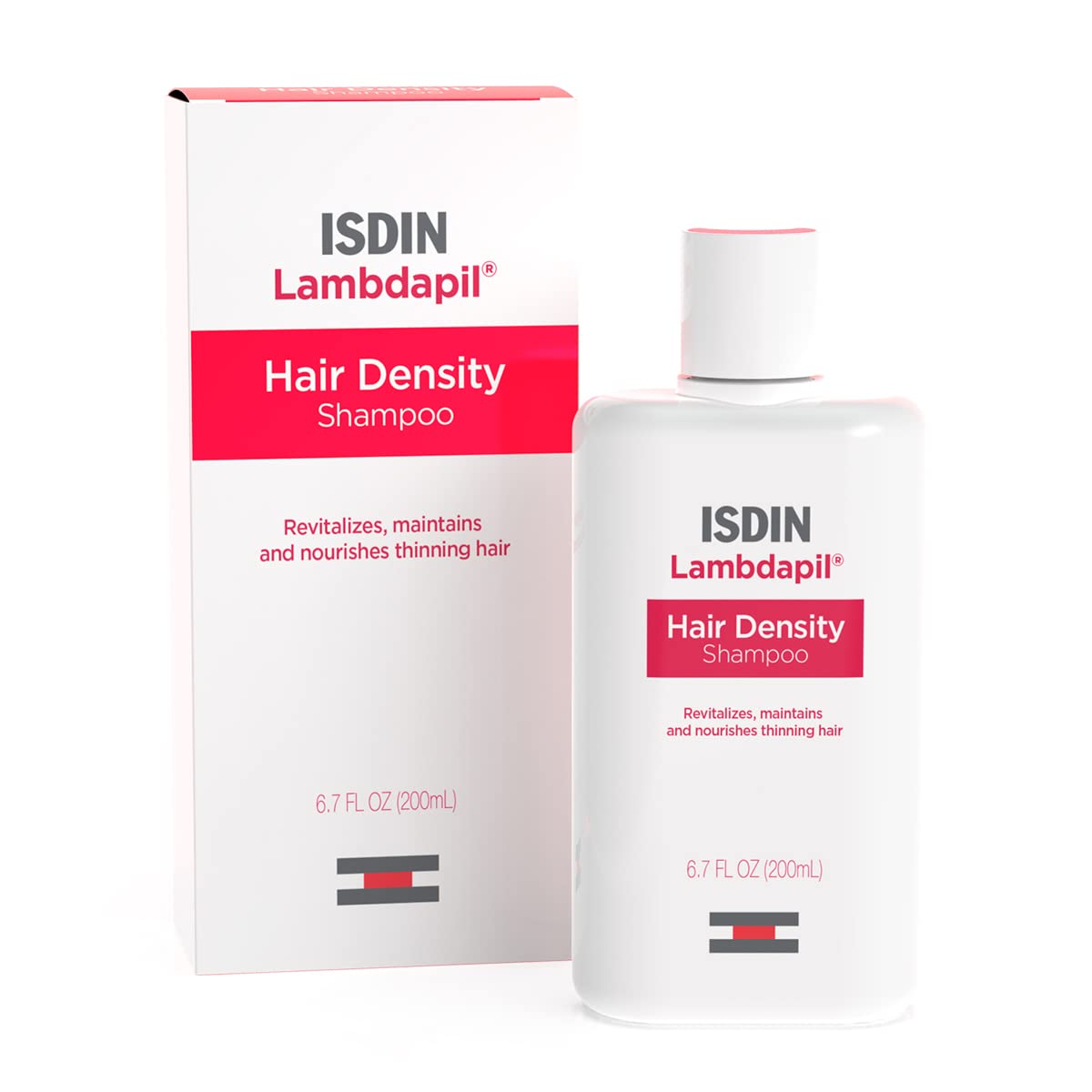 ISDIN Lambdapil shampoo bottle showing nourishing ingredients for hair density