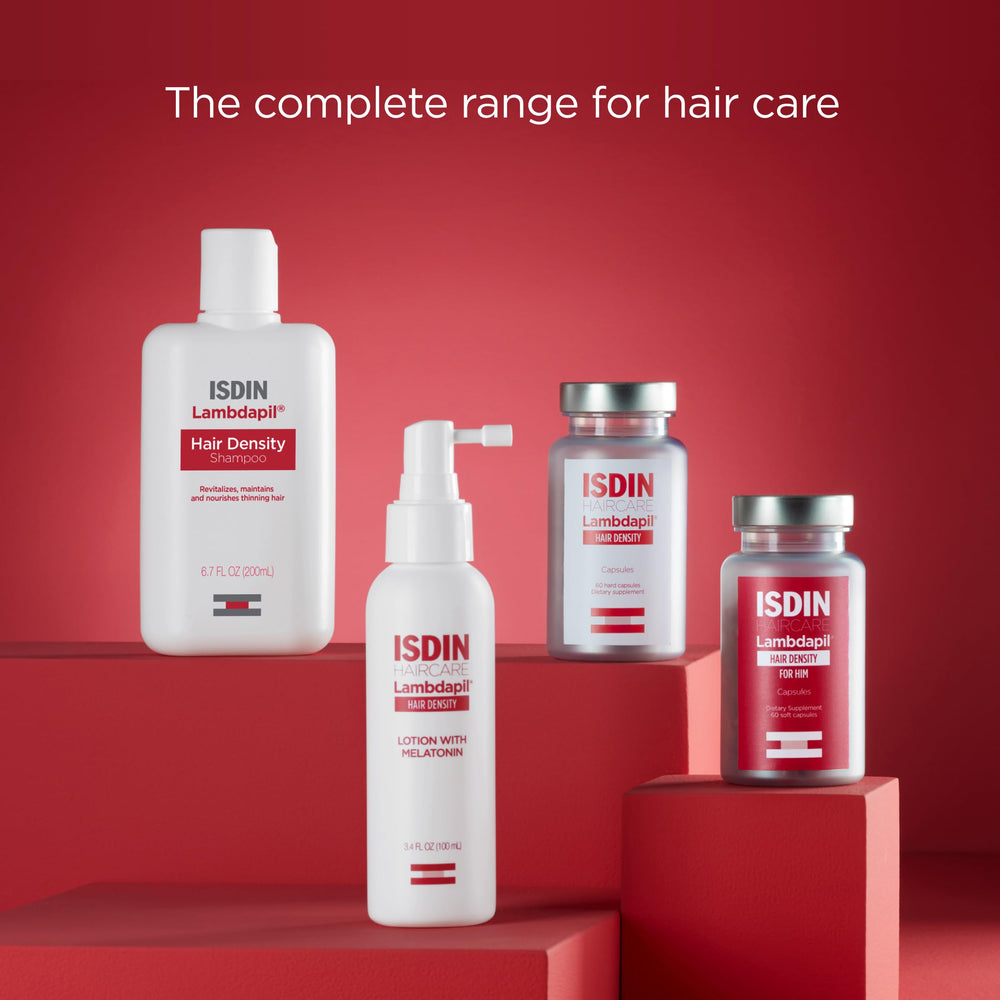 ISDIN Lambdapil packaging displayed on a shelf emphasizing premium care