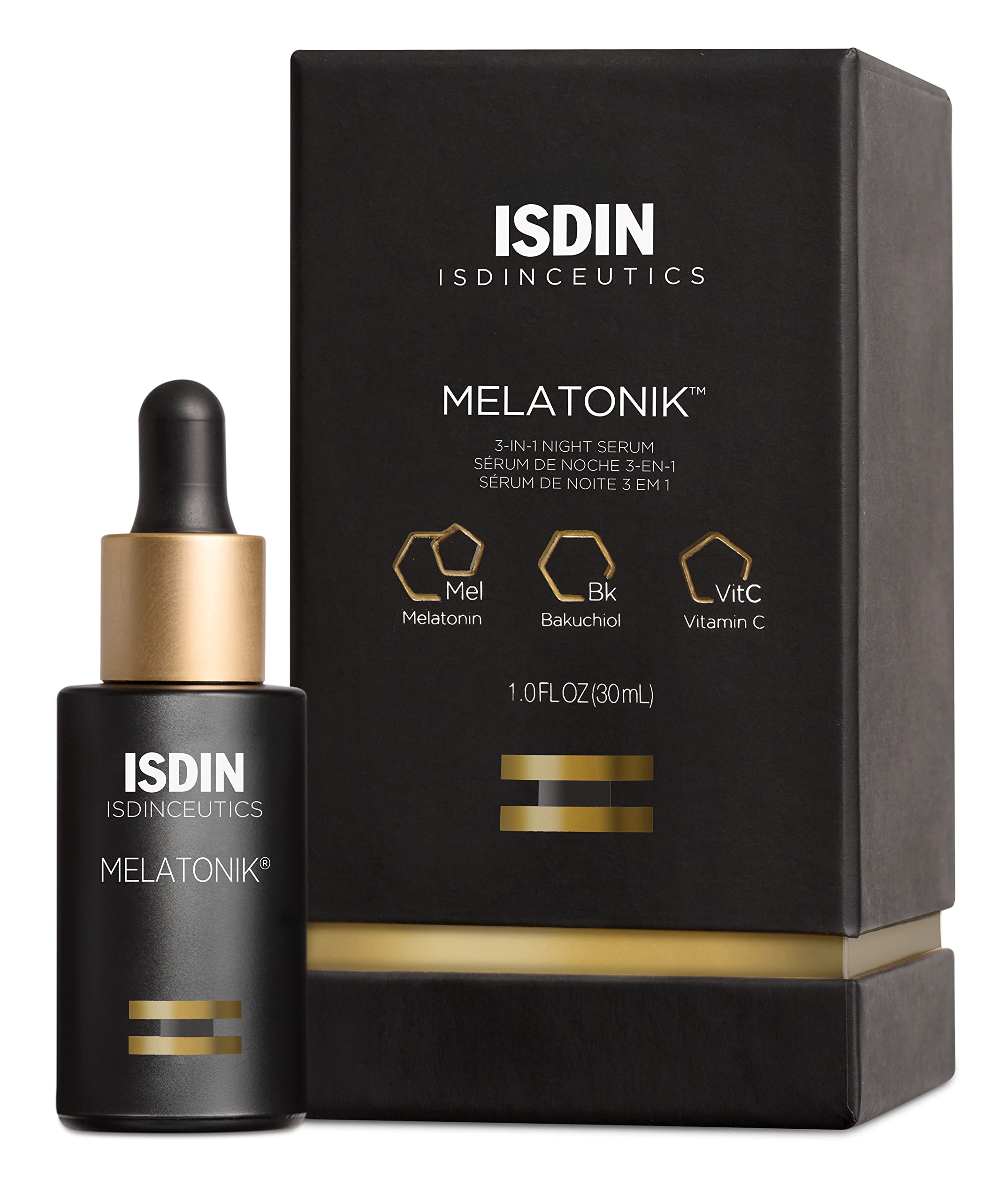ISDIN Melatonik serum bottle close-up for night hydration and antioxidant support