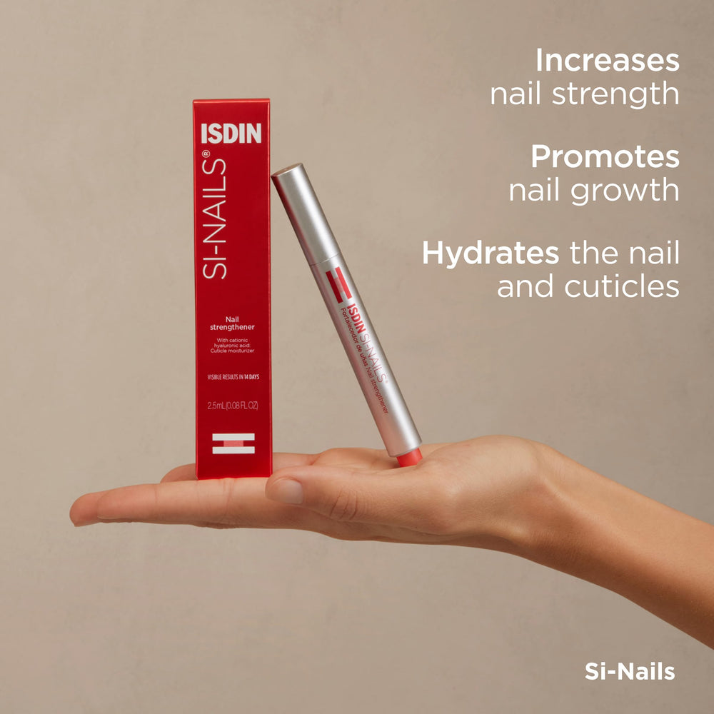 ISDIN Si-Nails nail closeup highlights smooth texture and improved resilience.