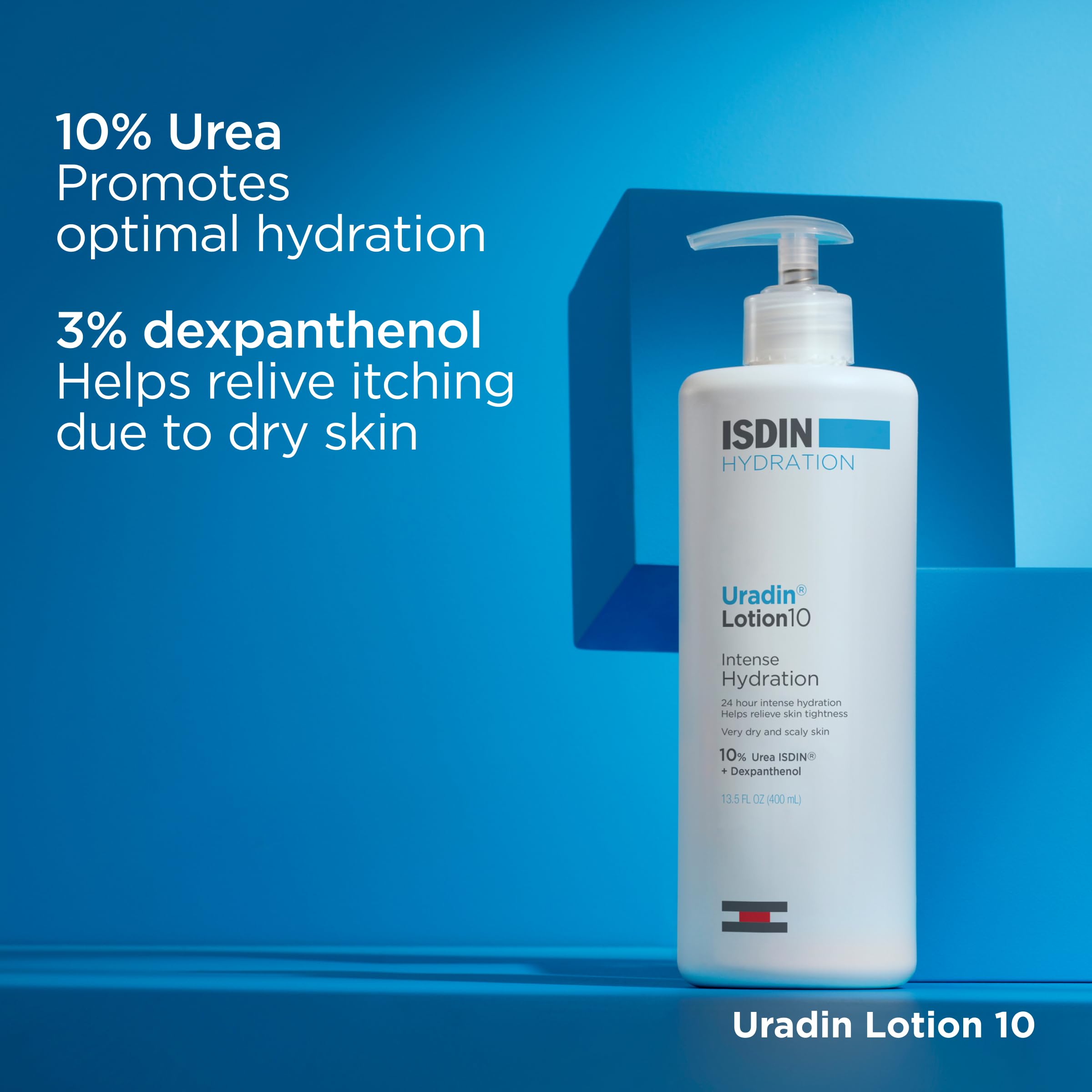 ISDIN Uradin 10 24-hour hydration graphic indicating all-day moisture.