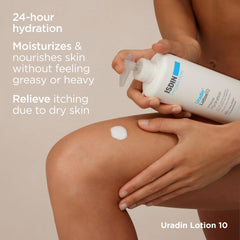ISDIN Uradin 10 texture swirl emphasizes lightweight, non-greasy feel.