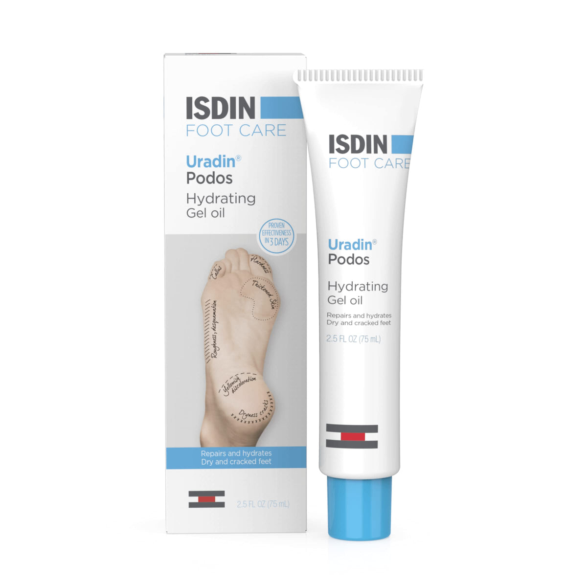 ISDIN Uradin Podos Gel Oil bottle for foot hydration and repair.