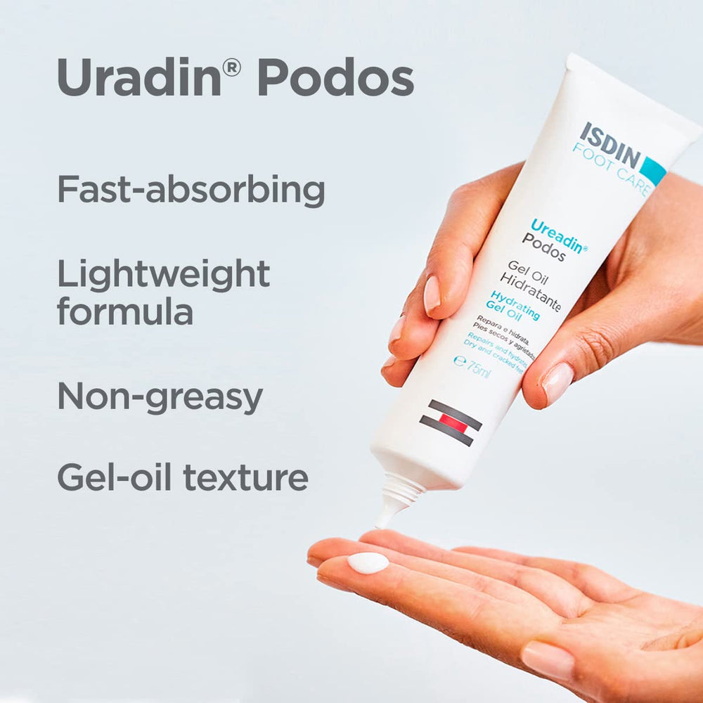 ISDIN Uradin Podos Gel Oil applied on heel to reduce dry patches.