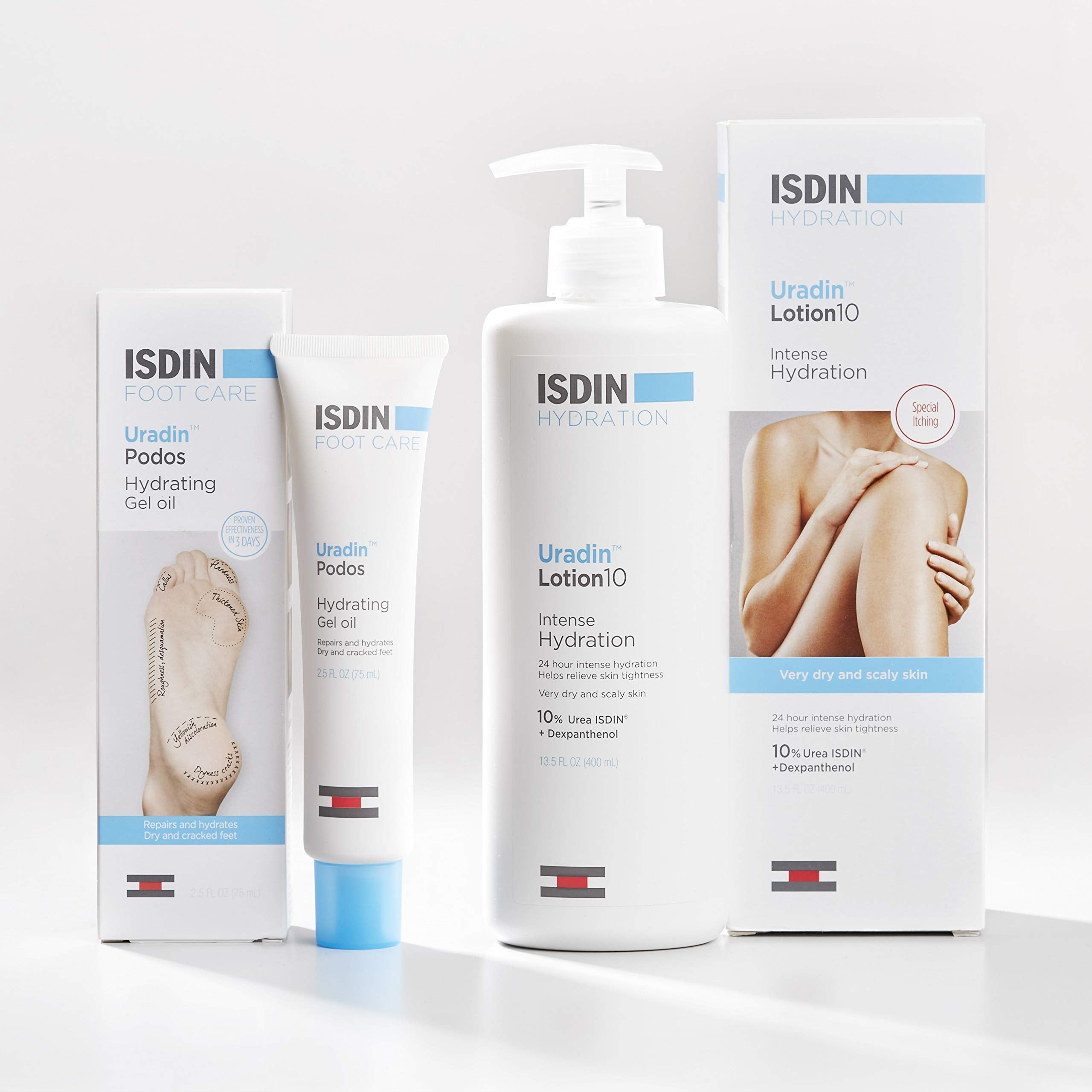 ISDIN Uradin Podos Gel Oil highlights 10% urea and hyaluronic acid for hydration.