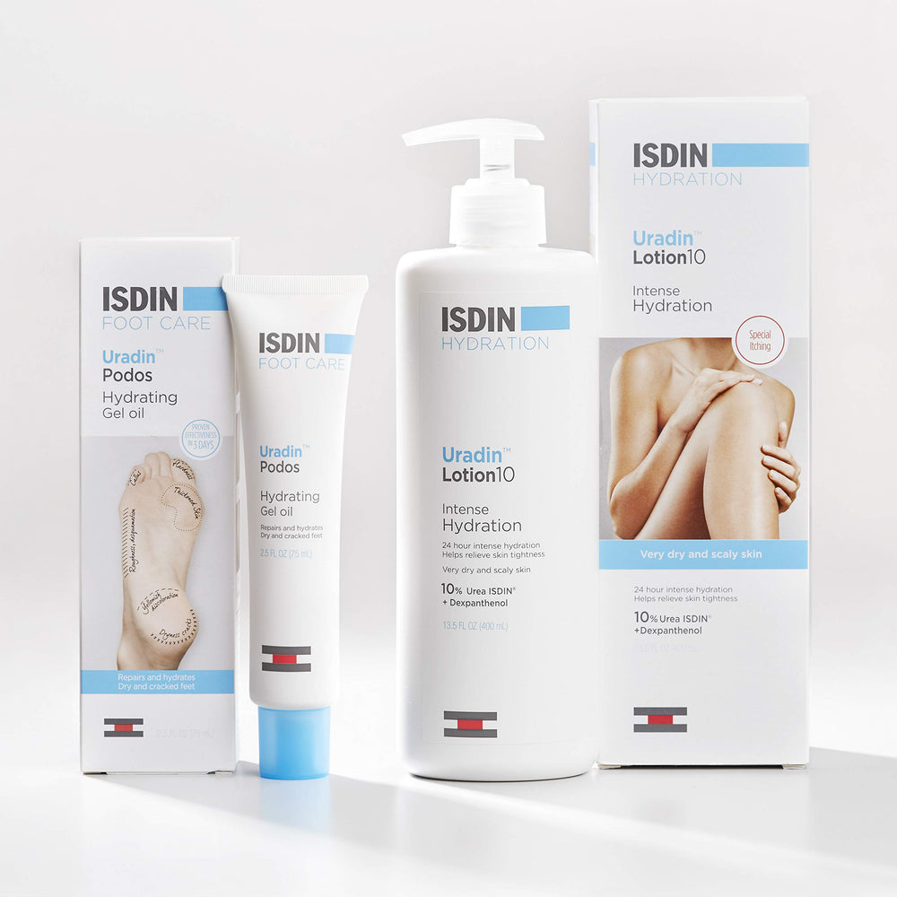 ISDIN Uradin Podos Gel Oil highlights 10% urea and hyaluronic acid for hydration.