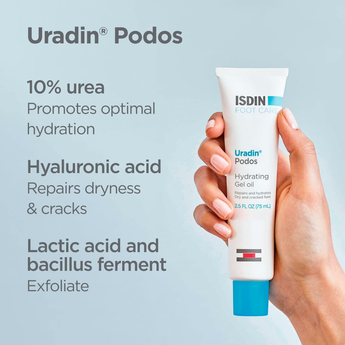 ISDIN Uradin Podos Gel Oil travel-size packaging fits in a bag.
