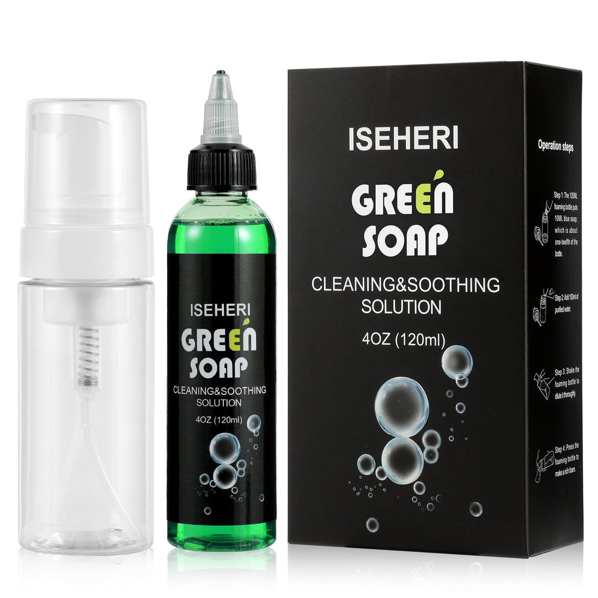 iseheri jabón verde tatuaje, botella espumosa para limpieza suave de la piel