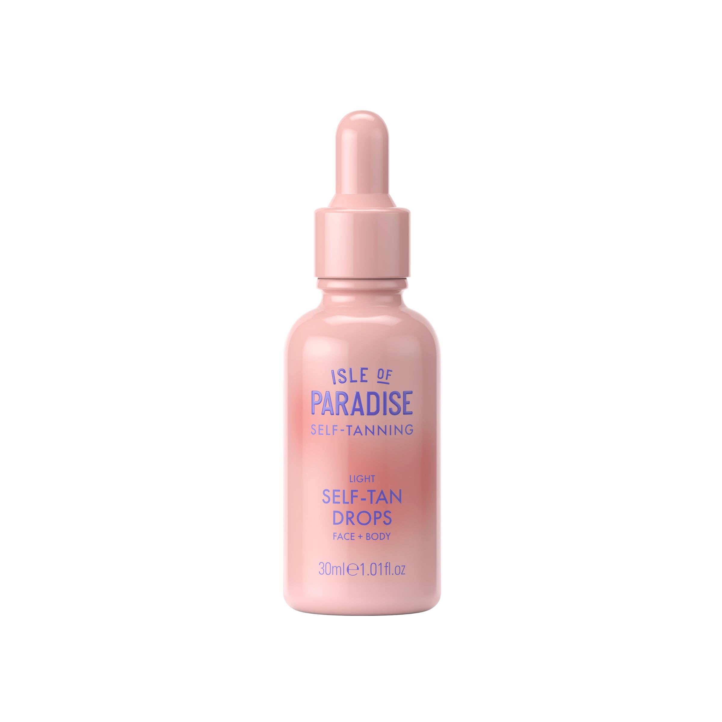 Isle of Paradise self-tanning drops bottle shows fragrance-free, dermatologist-approved formula for sensitive skin
